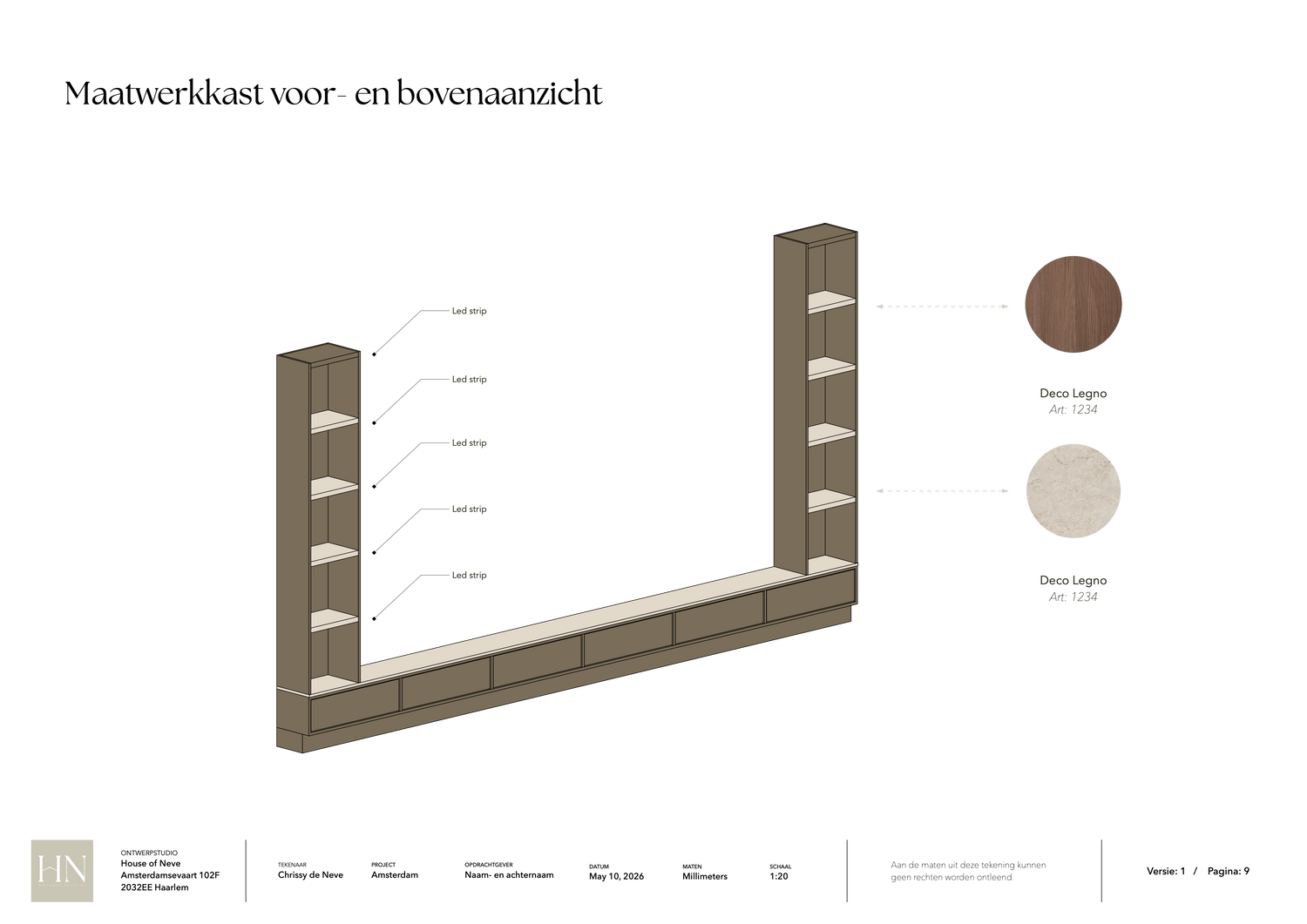 LayOut werktekening van een maatwerkkast met voor- en bovenaanzicht