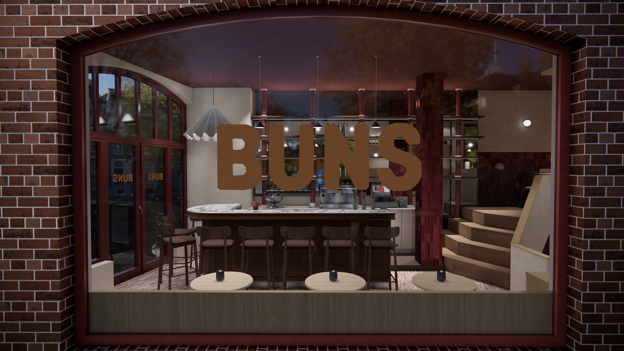 BUNS Amsterdam - gevel met verlichte etalage, 3D-visualisatie House of Neve