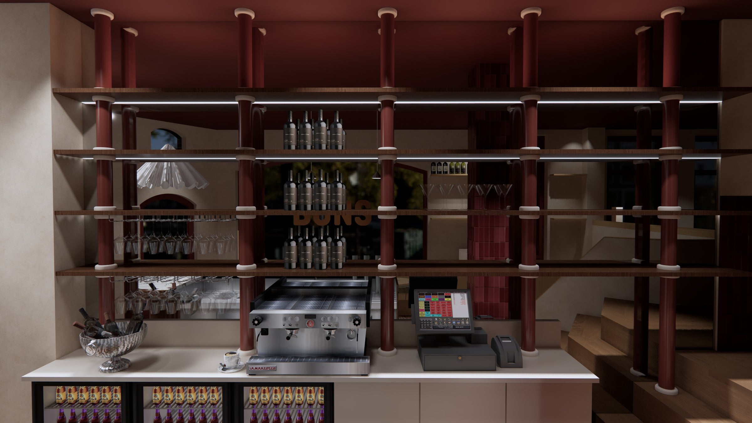 BUNS Amsterdam - achterwand bar met wijnschappen en espressomachine