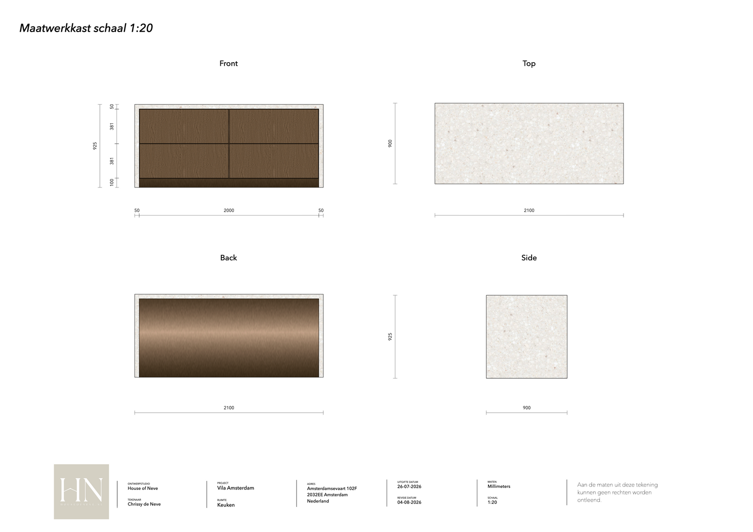 Technische LayOut-tekening van een maatwerkkast op schaal 1:20