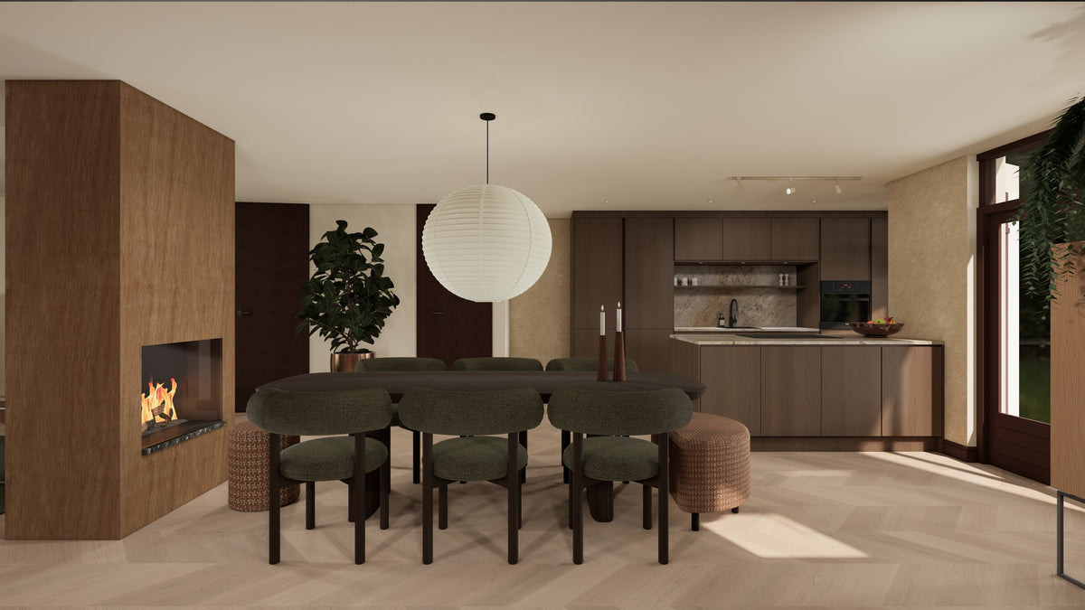 3D-render van een mid-century modern eetkamer met open keuken en dubbelzijdige haard