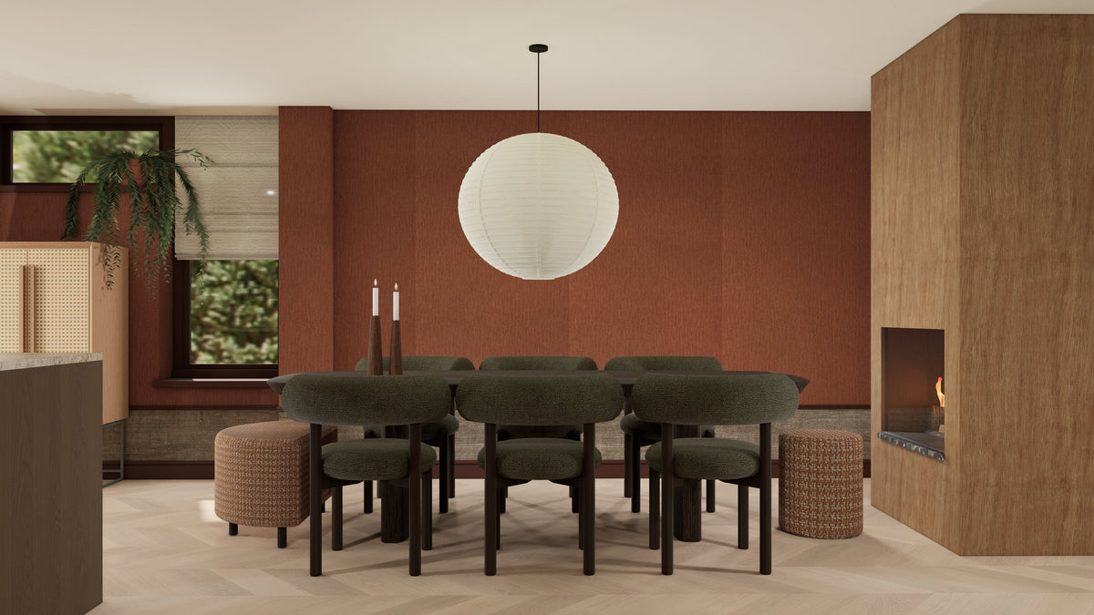 3D-render van een eethoek met terracotta wand, groene stoelen en papieren hanglamp