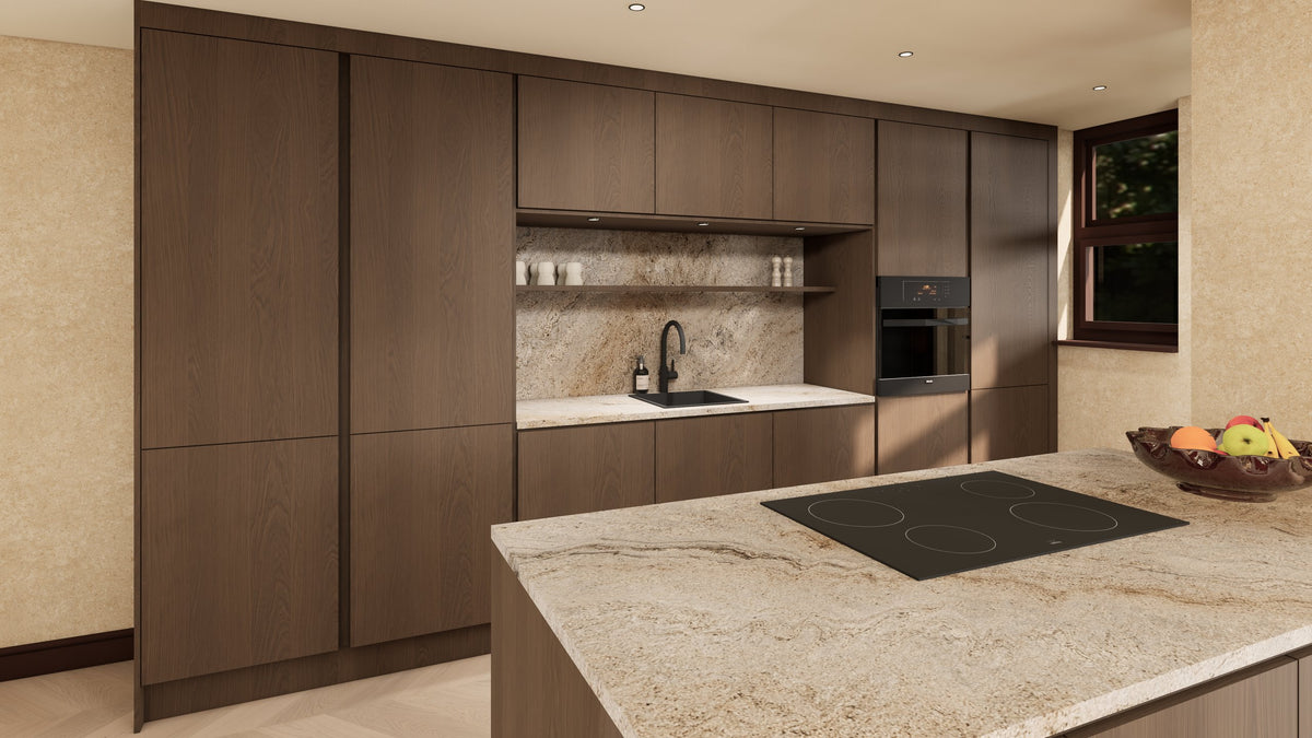 3D-render van een donkerhouten keuken met natuurstenen kookeiland