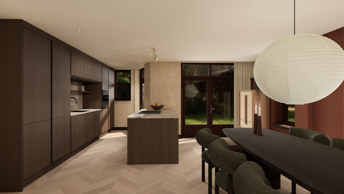 3D-render van keuken en eettafel in een mid-century modern interieur