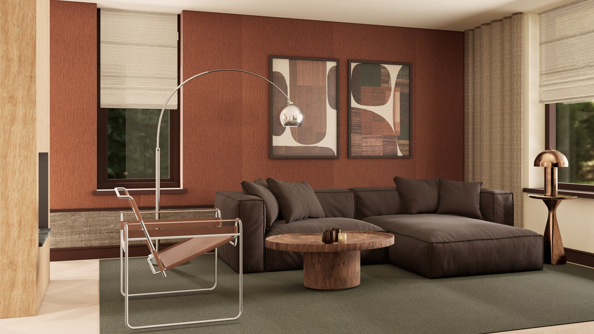 3D-render van een mid-century modern woonkamer met booglamp en ronde salontafel
