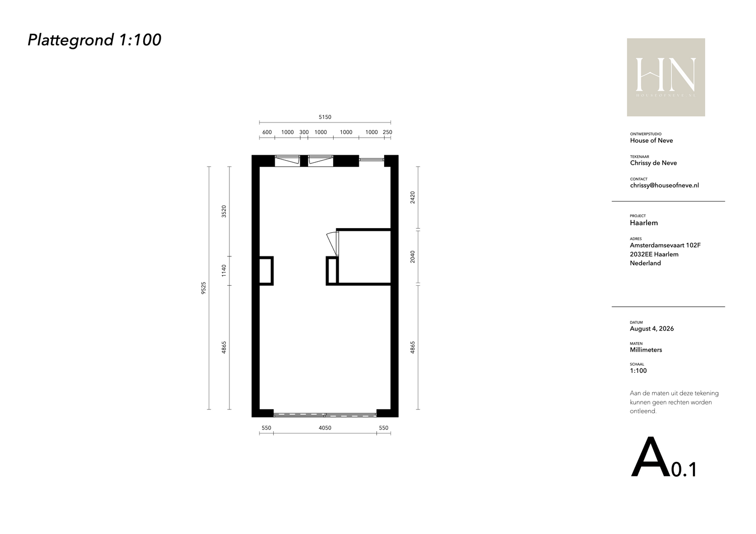 Plattegrond op schaal 1:100 opgemaakt in LayOut tijdens de training