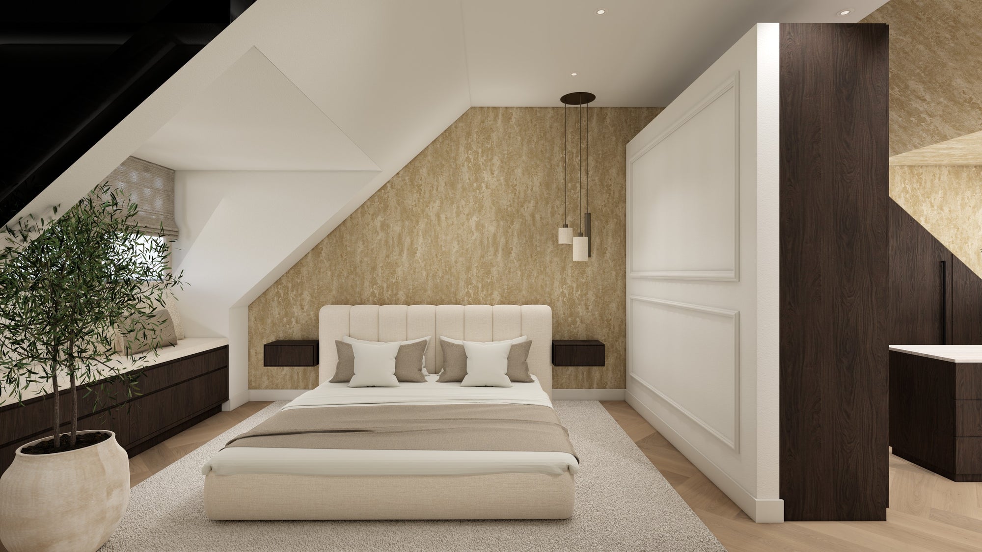 Slaapkamer met beige gestoffeerd bed, travertin achterwand en hanglampen